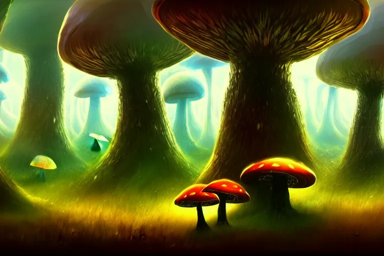 Image similar to a giant mushroom forest in the style of Anato Finnstark concept art, 4K, UHD, High quality, Trending on Artstation HQ