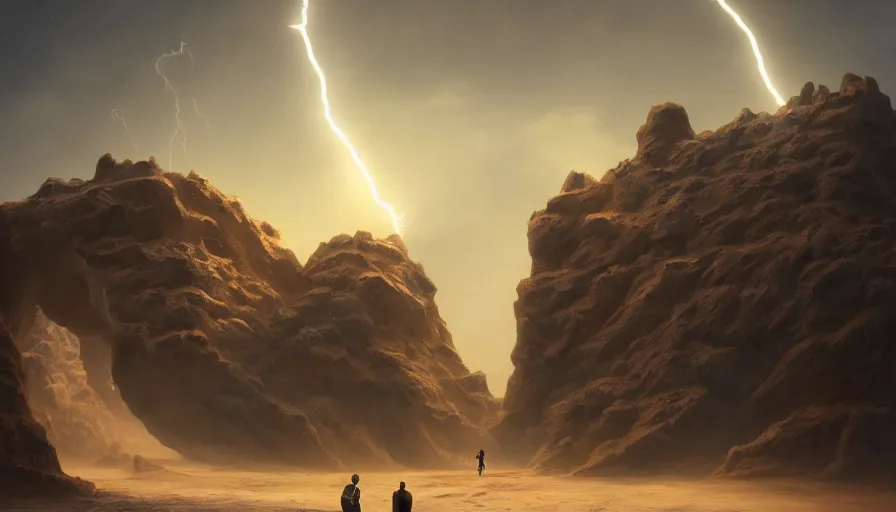 Image similar to a glowing magical portal inside a sand tsunami fantasy desert, portal, a man watching over, lightning, by caspar david friedrich by james gilleard and justin gerard, artstation, smooth, sharp focus, by jean baptiste, octane render