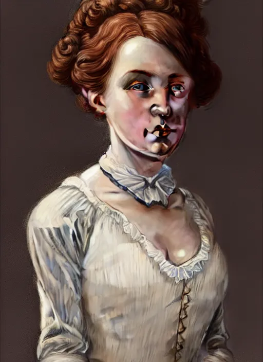 Image similar to a portrait of a young irish woman with a crooked nose in victorian clothing, confident pose, intricate, elegant, sharp focus, illustration, highly detailed, concept art, matte, trending on artstation, anime, art by james jean and artgerm and brian despain and alberto mielgo, greg rutkowski, wlop, ilya kuvshinov, strong strokes