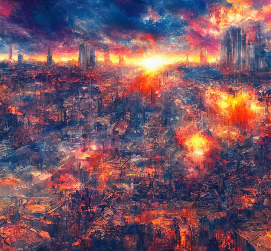 Image similar to nuclear explosion in big city, acrilic paint, abstract, digital, artstation, detailed, intricate ink, illustration, heavenly atmosphere, digital art, over detailed art, conceptart