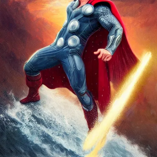 Image similar to Chris Hemsworth as Thor surfing, highly detailed, digital painting, artstation, concept art, sharp focus, illustration, cinematic lighting, art by artgerm and greg rutkowski and alphonse mucha