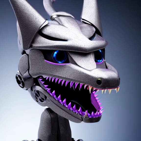 Image similar to high quality close up headshot of a cute beautiful stunning robot anthropomorphic female dragon with metal cat ears, with sleek silver metal armor, purple flesh, glowing LED eyes, facing the camera, high quality maw open and about to eat you, you being dragon food, the open maw being detailed and soft, sharp teeth, soft lulling tongue, highly detailed digital art, furry art, anthro art, sci fi, warframe art, destiny art, high quality, 3D realistic, dragon mawshot, maw art, furry mawshot, macro art, dragon art, Furaffinity, Deviantart