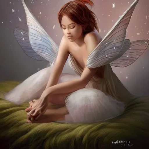 Image similar to a full body portrait a beautiful tooth fairy leaning over a bed, by Maxence and Ross Tran and Michael Whelan
