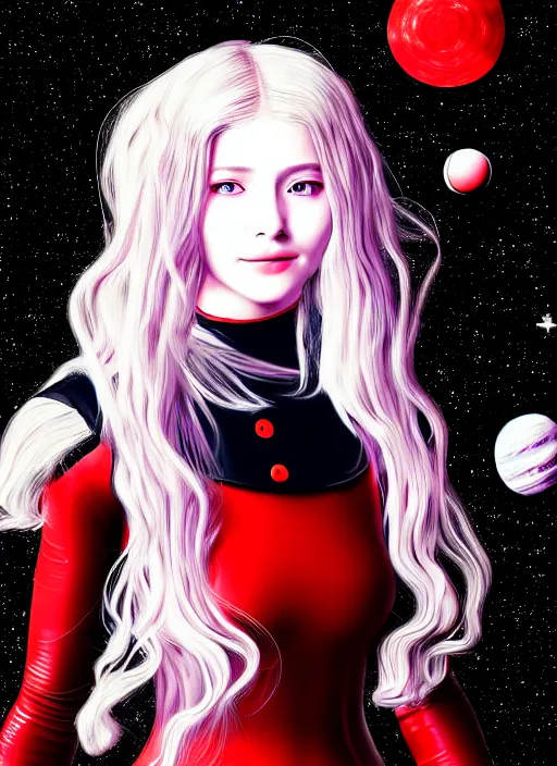 Prompt: highly detailed portrait of a hopeful pretty astronaut lady with a wavy blonde hair, by Irma Stern, 4k resolution, nier:automata inspired, bravely default inspired, vibrant but dreary but upflifting red, black and white color scheme!!! ((Space nebula background))