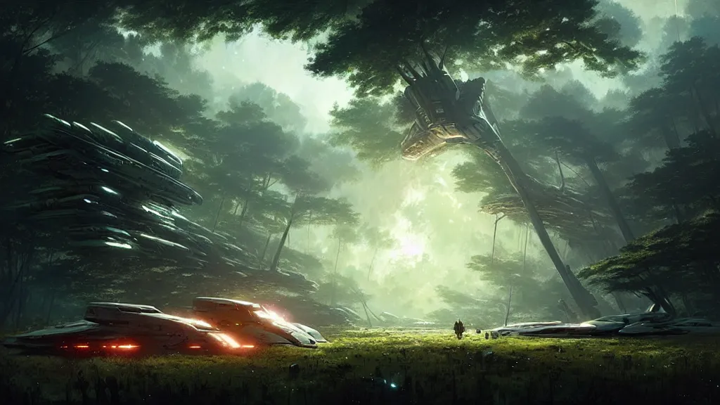 Image similar to a giant spaceship wrecked and lost in the forest, detailed digital art by greg rutkowski.