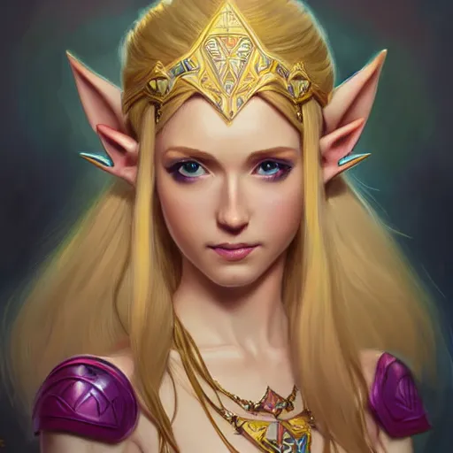 Prompt: portrait of princess zelda from hyrule, nose ring, upper body, blonde hair, long hair, joyful smirk, intricate, elegant, highly detailed, digital painting, artstation, concept art, matte, sharp focus, illustration, art by artgerm and greg rutkowski and alphonse mucha