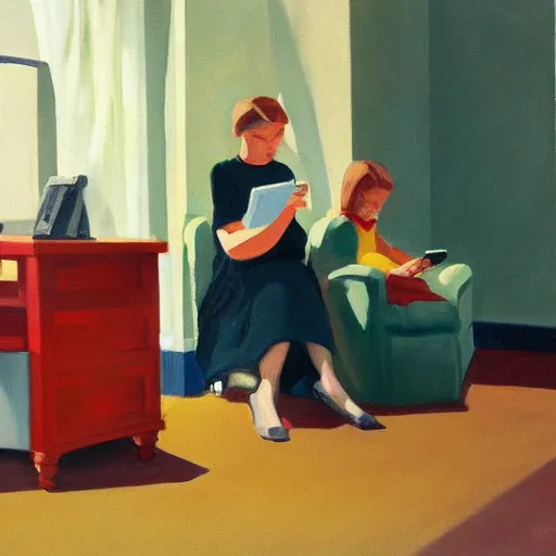 Prompt: a painting of a family sitting at home scrolling on their smartphones in the style of edward hopper