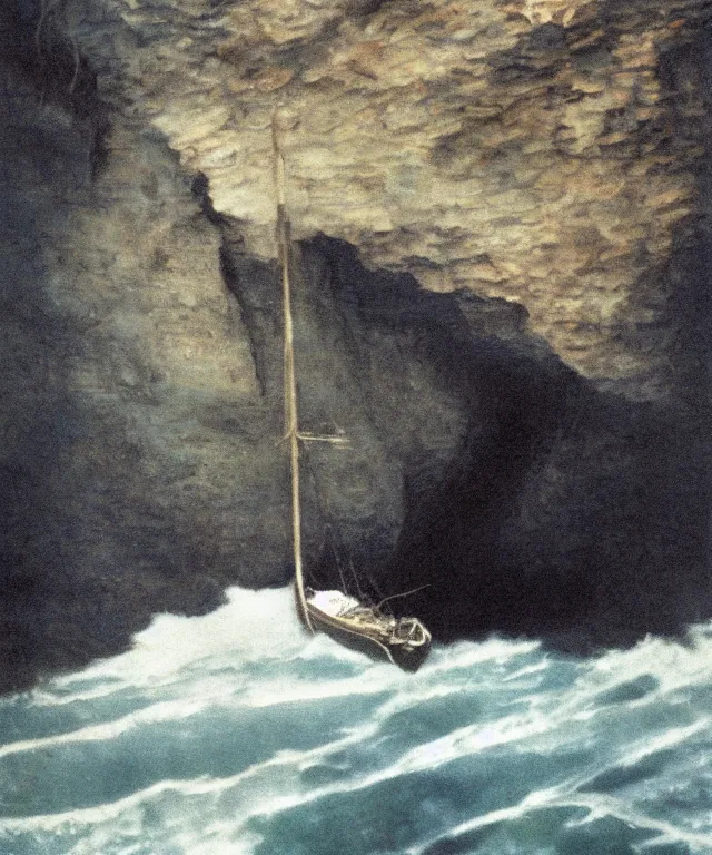 Prompt: photorealistic blue - toned photo of a 1 9 2 5 bay boat sailing near a jamaican cliff with the mouth of a sea cave at the waterline, dark, brooding, atmospheric, lovecraft, horror, smooth, epic, highly detailed, cinematic, by clyde caldwell