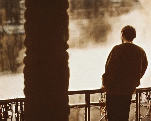 Image similar to lomographic tarkovsky film still of 4 0 years russian man with beard and sweater standing on small hrushevka 9 th floor balcony in taiga looking at sunset, perfect faces, cinestill, bokeh