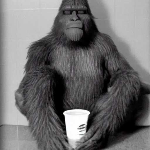 Prompt: A black and white photograph of Bigfoot sitting in a Mcdonalds