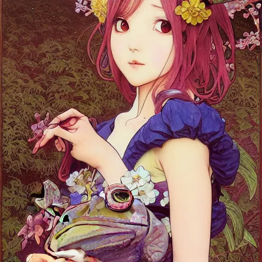 Image similar to a masterpiece ultrarealistic ultradetailed anime portrait of beautiful frog in bunny costume baroque renaissance. medium shot, intricate, elegant, by stanley artgerm lau, wlop, alphonse mucha, rossdraws, andrei riabovitchev, yoshitaka amano. in style of hayao miyazaki. flower background my james jeand and takashi murakami.