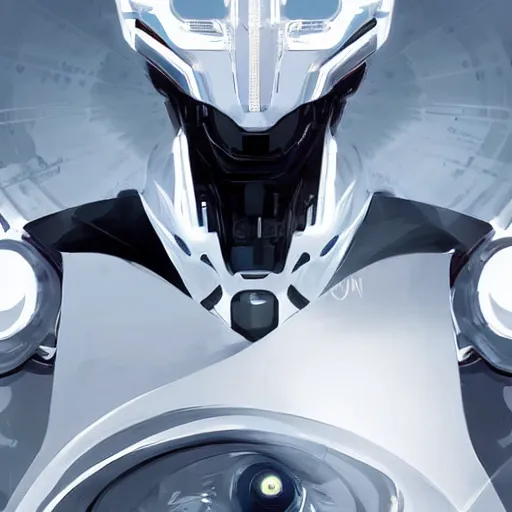 Image similar to portrait of a character with many robotic eyes, wearing sleek clothes, wearing a flowing white tailcoat, wearing a futuristic insectoid armored white mask with five circular lenses for eyes, the mask covers his entire face, many eyes, dramatic lighting, illustration by Greg rutkowski, yoji shinkawa, 4k, digital art, concept art, trending on artstation