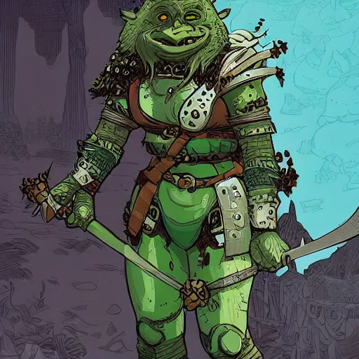 Image similar to character portrait green orc lady in full plate armour by art style by feng zhu and loish and laurie greasley, victo ngai, andreas rocha, john harris