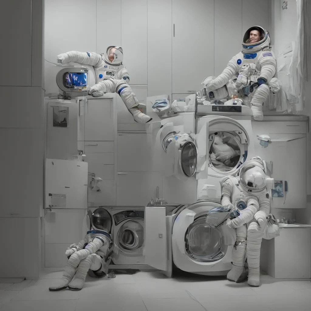 Image similar to a beautiful photo of an astronaut sat on a chair in an automatic laundry room, soft light, morning light, photorealistic, realistic, octane, 8k, cinematic shot