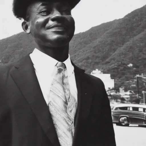 Image similar to vintage photo of a black man wearing a black suit in front of rio de janeiro