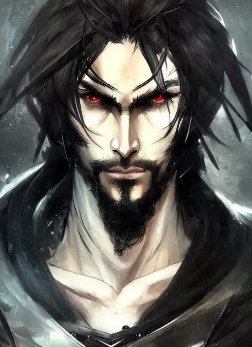 Prompt: Half body portrait of a handsome elven warrior with long black hair and facial hair wearing a black jacket. In style of Yoji Shinkawa and Hyung-tae Kim, trending on ArtStation, dark fantasy, great composition, concept art, highly detailed.