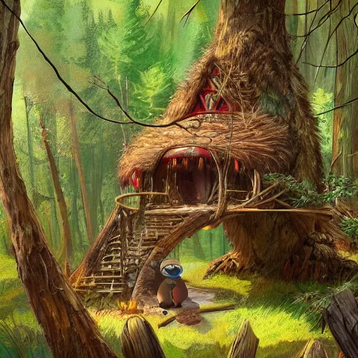 Image similar to a humble ewok building a treehouse from sticks and leaves in the forest, artstation, colorful