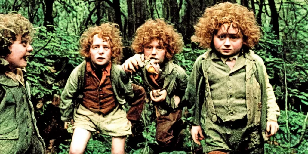 Image similar to A full color still from a Stanley Kubrick film featuring two hobbits with their backs to the camera, in a dark forest, 35mm, 1975