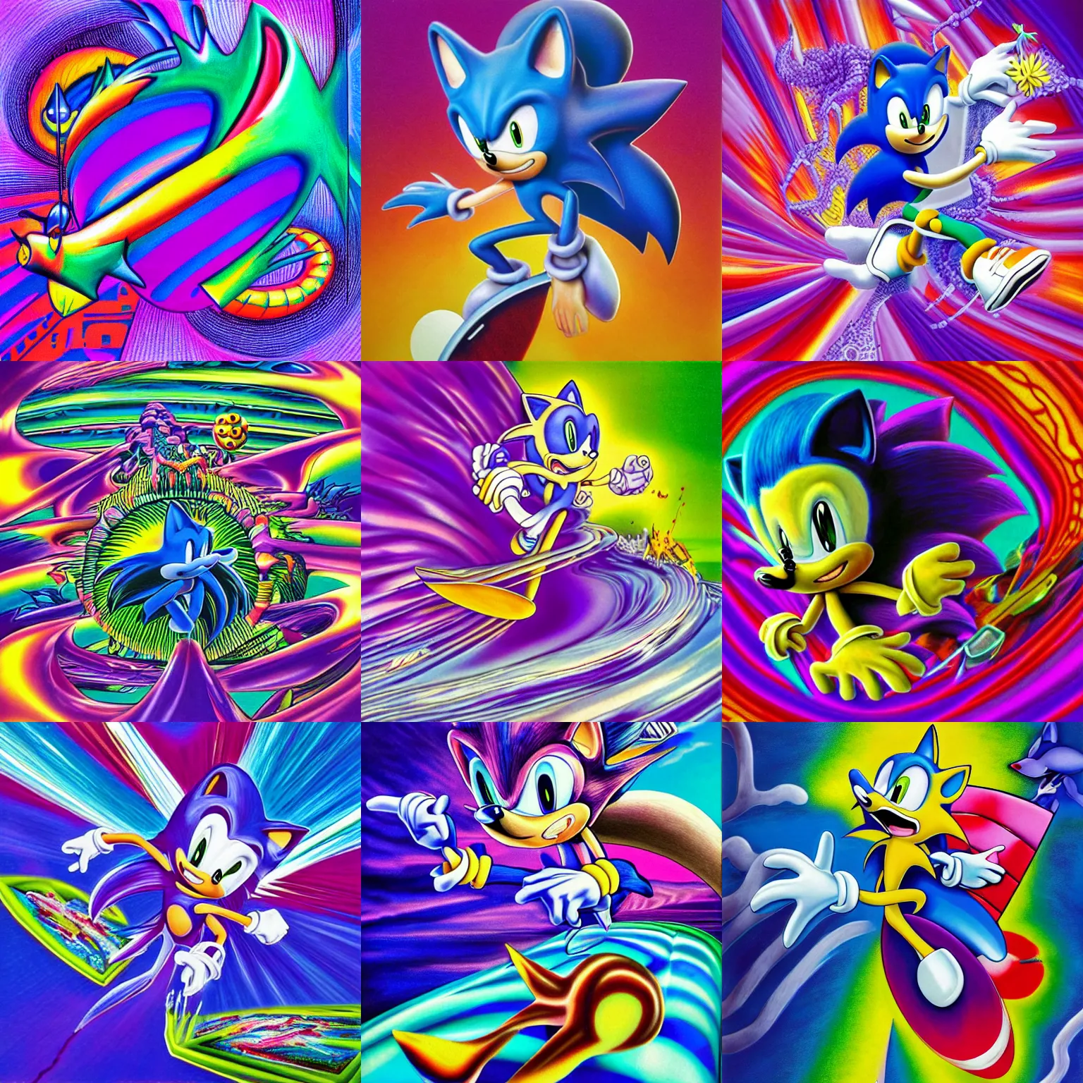 Prompt: surreal, sharp, detailed professional, soft pastels, high quality airbrush art album cover of a liquid dissolving airbrush art lsd dmt sonic the hedgehog surfing through cyberspace, purple checkerboard background, 1 9 9 0 s 1 9 9 2 sega genesis video game album cover