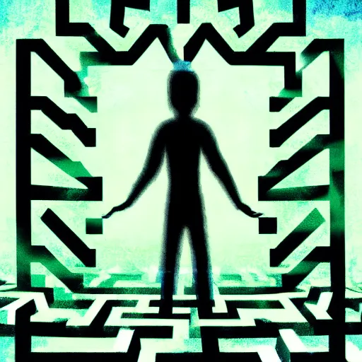 Prompt: optical illusion digital footprint painting of the silhouette of an impatient soul, stuck in a maze, very detailled, lovecraftian, trending on artstation