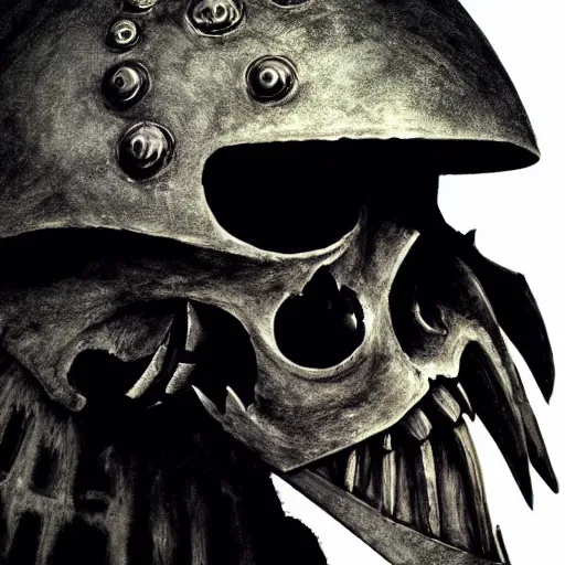 Prompt: crow skull knight helmet, headshot, closeup, side elevation, grimdark, fantasy, trench crusade, terrifying, dark, fog, atmospheric cold lighting, dark souls, hyperrealistic, art by mike franchina