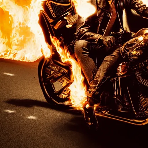 Prompt: An epic movie poster for Ghost Rider starring Ryan Gosling as Ghost Rider on a motorcycle with flames and chains on a desert road fire balls. Sharp. HD. 4K. 8K