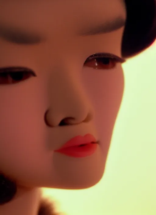 Prompt: a close up portrait film still of a 2 1 year old vietnamese actress from a year nineteen - seventy - two italian giallo film about furbys.