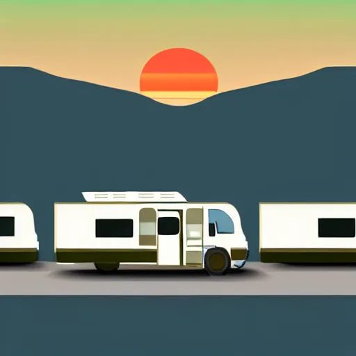 Image similar to very very very stylized minimal vector graphic of a thor chateau motorhome, hills and sunset, white background, all enclosed in a circle, professional minimal graphic design cartoon