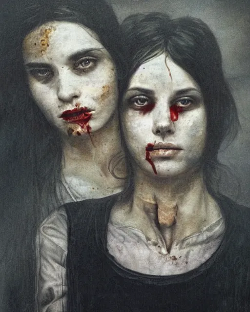 Prompt: a baroque painting of two beautiful but creepy siblings wearing black band shirts in layers of fear, with haunted eyes and dark hair, 1 9 7 0 s, seventies, wallpaper, a little blood, morning light showing injuries, delicate embellishments, painterly, offset printing technique, by mary jane ansell