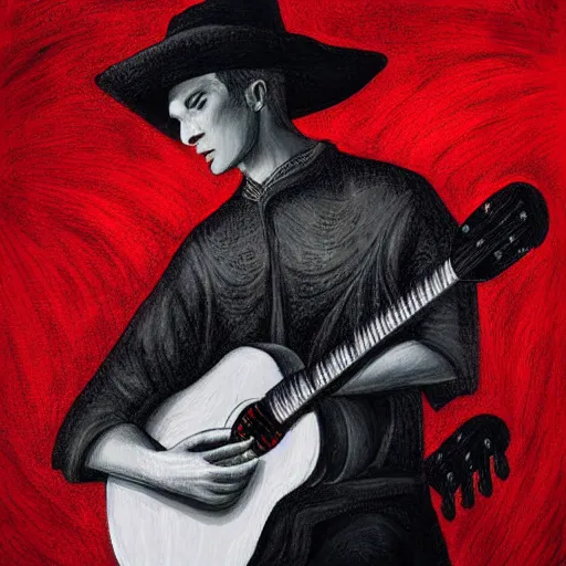 Prompt: black white red realistic painting on black paper, folkloric illustration , the white guitar player , tarot by Andreas Rocha