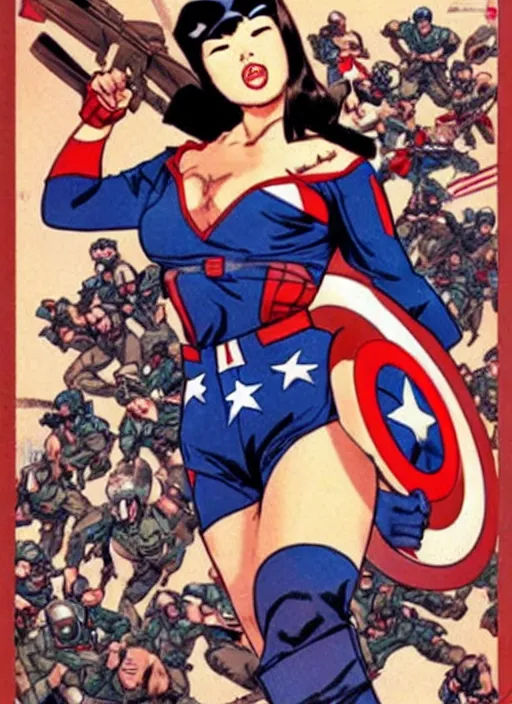 Prompt: asian female captain america standing on a pile of defeated ss soldiers. feminist captain america wins ww 2. american ww 2 propaganda poster by masamune shirow and pixar. gorgeous face. pin up. overwatch.
