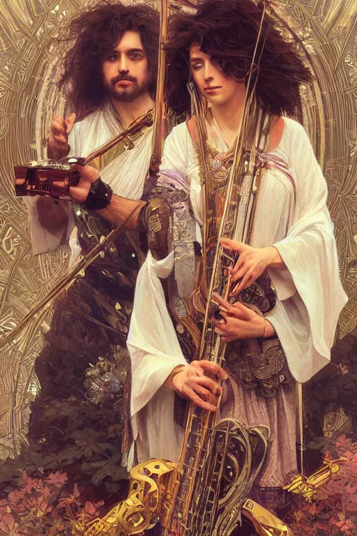 Image similar to portrait of a a band of male and female druids playing an electronic!!-musical-instruments, intricate, stunning, highly detailed, digital painting, artstation, concept art, smooth, sharp, focus, illustration, art by greg rutkowski and alphonse mucha