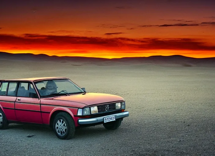 Prompt: a volvo 2 4 0 drivning high speed in the desert, sunset