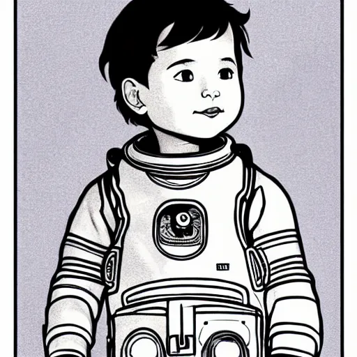 Image similar to clean simple line art of a cute little boy with short straight hair. he is dressed as an astronaut. no background. well composed, clean coloring book page, beautiful detailed face. coloring book line art by artgerm and greg rutkowski and johanna basford and alphonse mucha