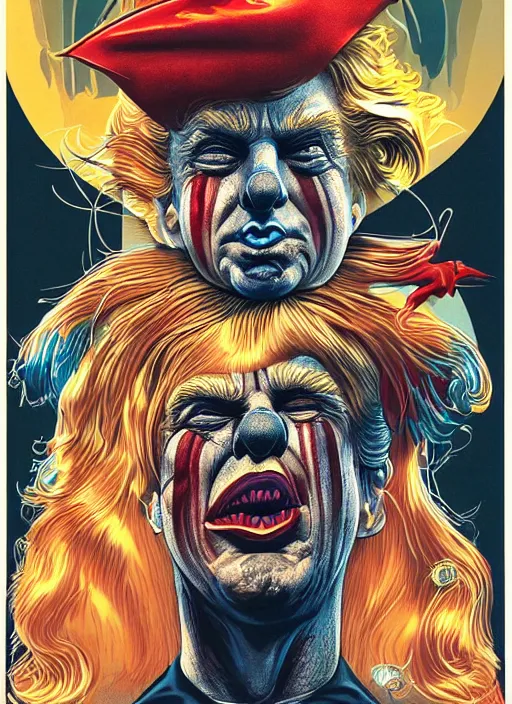 Prompt: donald trump is a disgusting clown, grotesque, horror, high details, intricate details, by vincent di fate, artgerm julie bell beeple, inking, vintage 90s print, screen print