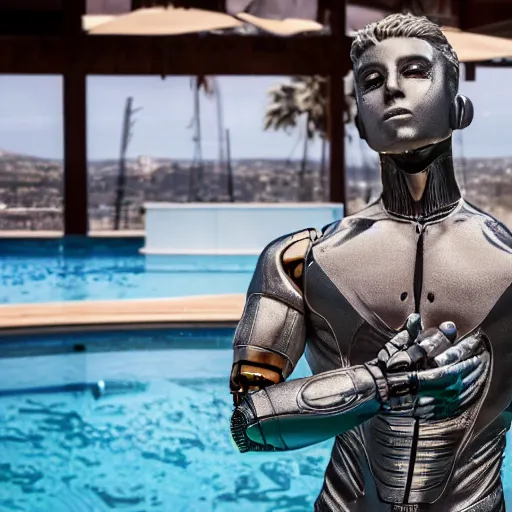 Prompt: a realistic detailed photo of a guy who is an attractive humanoid who is half robot and half humanoid, who is a male android, wrestler nick suriano, shiny skin, posing like a statue, blank stare, by the pool, on display, showing off his muscles, humanoid robot, frozen ice statue