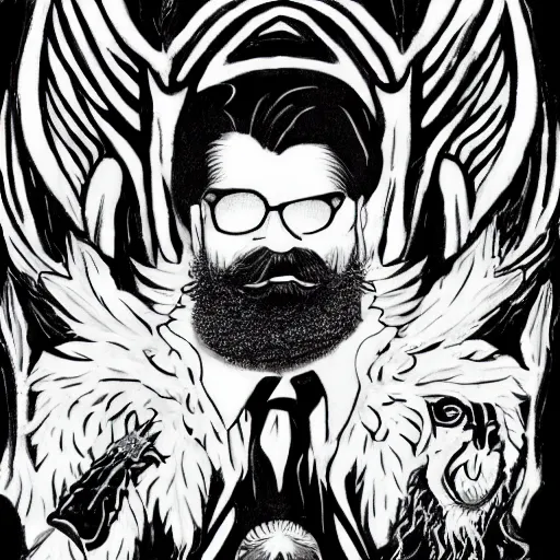 Image similar to black and white pen and ink!!!! Twin Peaks Black Lodge goetic vampire Colonel Sanders handsome beard golden!!!! Vagabond!!!! floating magic swordsman!!!! glides through a beautiful!!!!!!! liquid magic floral crystal battlefield dramatic esoteric!!!!!! pen and ink!!!!! illustrated in high detail!!!!!!!! by Moebius and Hiroya Oku!!!!!!!!! graphic novel published on 2049 award winning!!!! full body portrait!!!!! action exposition manga panel black and white Shonen Jump issue by David Lynch eraserhead and beautiful line art Hirohiko Araki!!