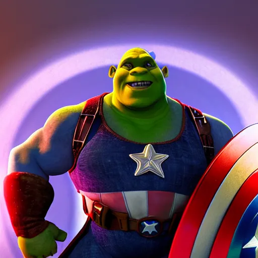 Image similar to digital painting of Shrek as Captain America, octane render, volumetric lightening, by marvel