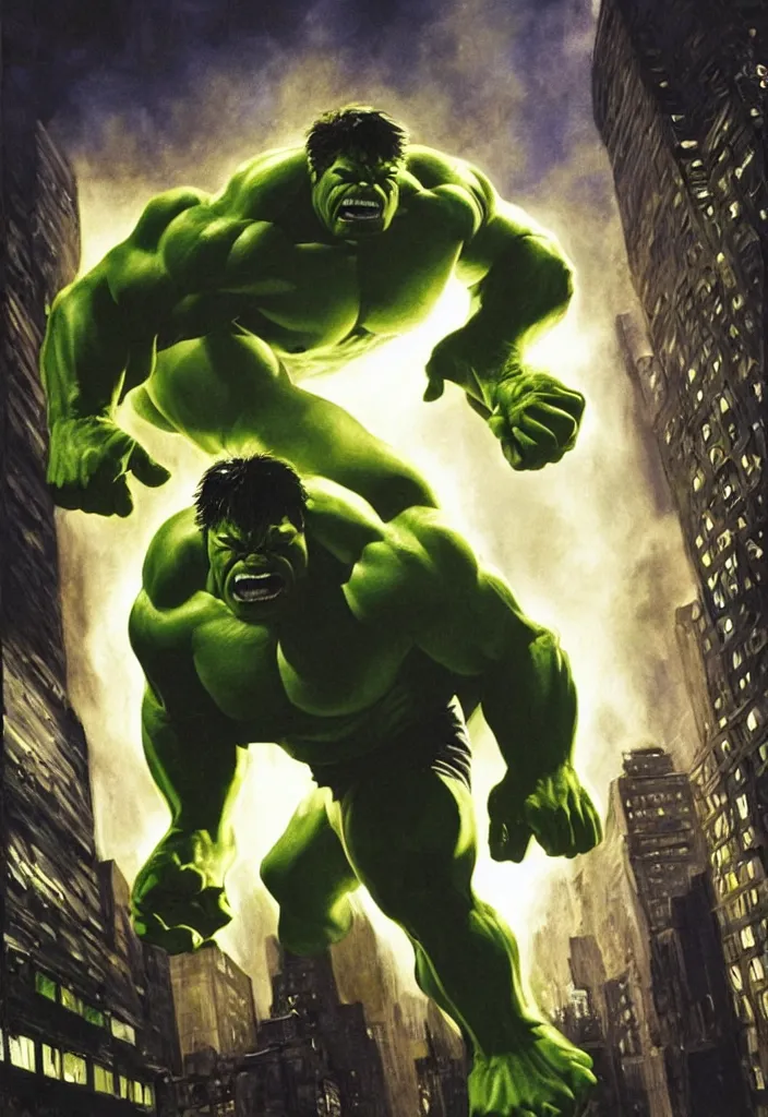 Image similar to a portrait of the incredible hulk looking angry in new york city by alex ross dramatic lighting.