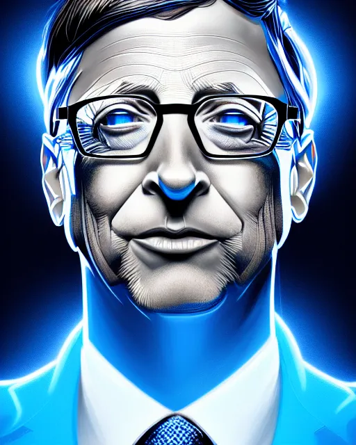 Image similar to symmetry portrait of blue color bill gates, glam, power, glowing lights intricate, elegant, highly detailed, digital painting, artstation, concept art, smooth, sharp focus, illustration, art by artgerm and greg rutkowski and fra angelico and unreal engine 5