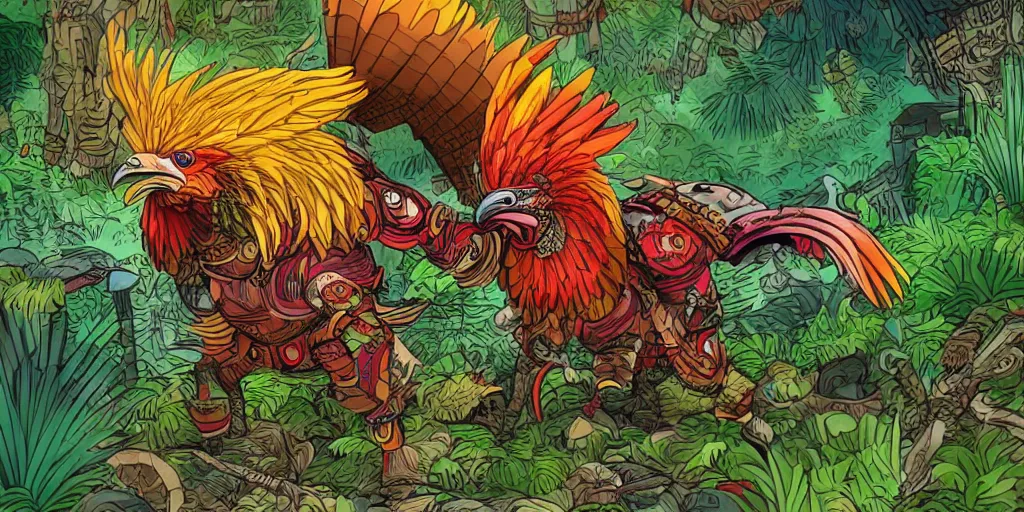 Image similar to colorful illustration of an armoured warrior rooster in a dense jungle, mix of styles, angry, aggressive, blood, battle