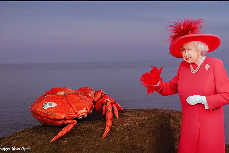 Image similar to the queen of england dressed like a crab, in 1 9 8 5, sunset view, royalcore, low - light photograph, photography by tyler mitchell