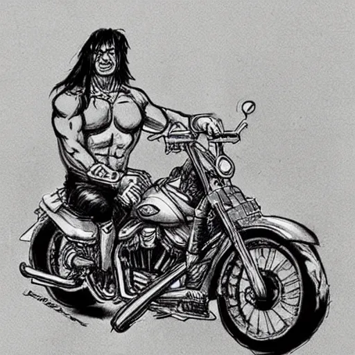 Image similar to concept art conan the barbarian riding a harley davidson