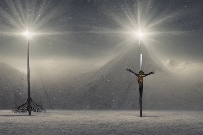 Prompt: a cross made of light beams on a snow covered field, landscape inspired by salvador dali, a matte painting by li shida, cgsociety, context art, redshift, matte painting, reimagined by industrial light and magic