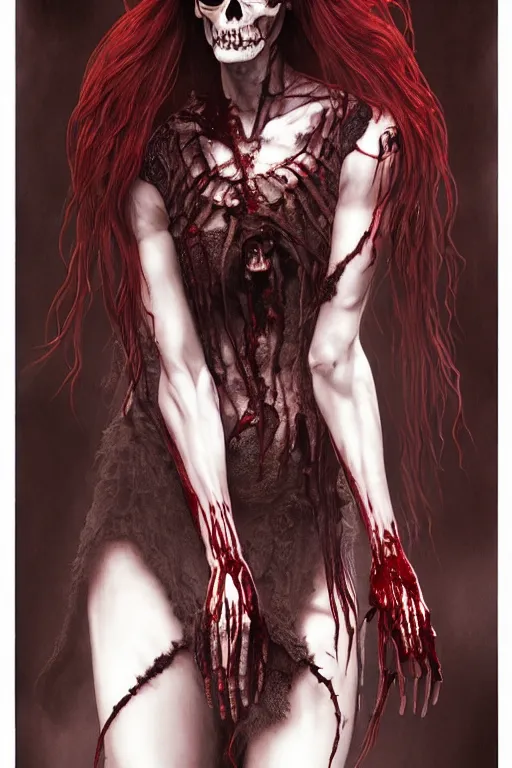 Image similar to woman!, black skeleton body!!, covered with blood, alexandra daddario face!!!, long red hair, ultra realistic, concept art, intricate details, highly detailed, photorealistic, octane render, 8 k, unreal engine. retro film still, heavy grain, 3 5 mm, art by artgerm and greg rutkowski and alphonse mucha