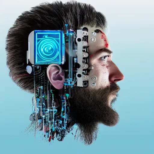 Prompt: Beautiful Photo of Arduino Uno in the robot's head. cyborg beard man profile view. Cyberpunk. splatterpunk. 4K