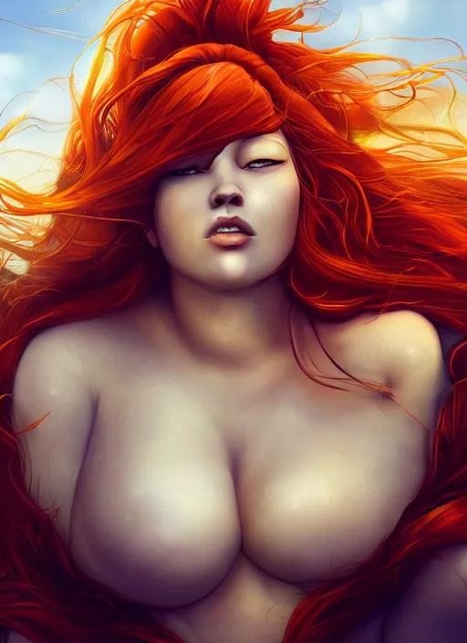 Prompt: beautiful detailed digital art of a plus-size redhead goddess basking in the sunlight, trending on Artstation