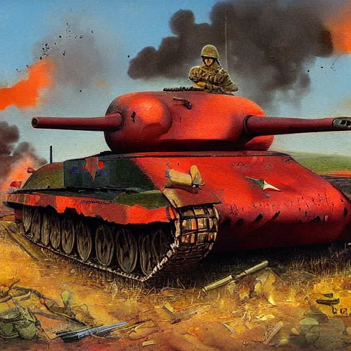 Image similar to soviet tank attack, battle painting by Peter Krivonogov