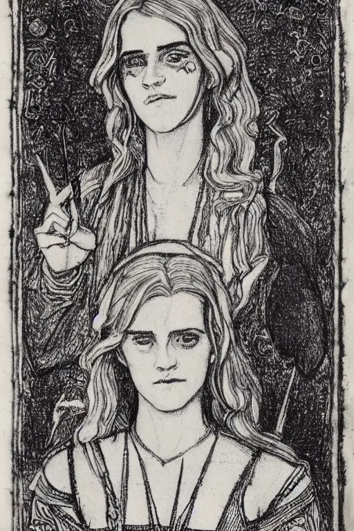 Image similar to realistic medieval etching of emma watson, high detail, elaborate composition, quality draughtmanship, detailed faces. by austin osman spare, occult art, alchemical diagram