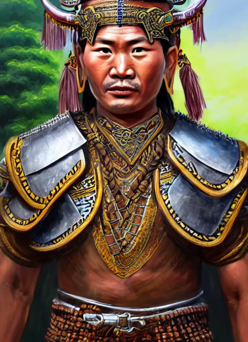 Prompt: smart tai warlord of lanna, chiang mai, closeup portrait, without beard and mustache, historical hero, ethnic group, tai costume, thai traditional bronze headdress, intricate, with leather armor cross on bare chest, elegant, loin cloth, highly detailed, oil painting, artstation, concept art, matte, sharp focus, illustration, hearthstone, art by earl norem